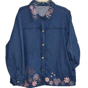 Vintage Denim Jacket Women XL Embroidered Pink Flowers Butterflies Toffee Apple